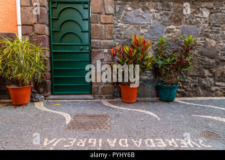 Entrance door to the property area decorated with flower pots. Paul do Mar Madeira, November 2017 Stock Photo