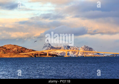 sommaroy single track bridge autumn landscapes on Kvaløya island in Tromsø Municipality in Troms county, Norway. Stock Photo