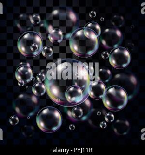 Transparent and multicolored soap bubbles over dark background, editable vector for usage over your own background Stock Vector