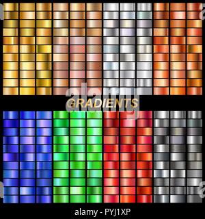 set of vector gradients collection.Collection metallic golden,rose gold, silver, steel, bronze, emerald, ruby, sapphire gradients background texture Stock Vector