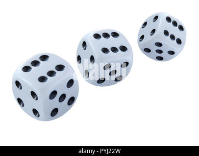 Three white dices of thrown in a craps game, yatzee or any kind of dice game isolated on white background Stock Photo
