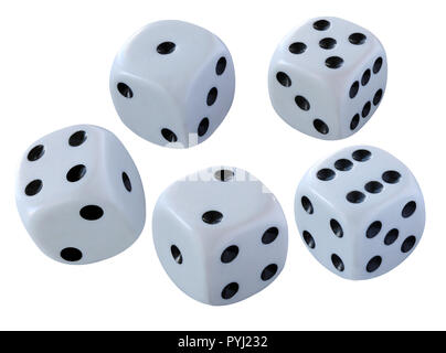 White dices isolated on white background - thrown in a craps game, yatsy or any kind of dice game Stock Photo