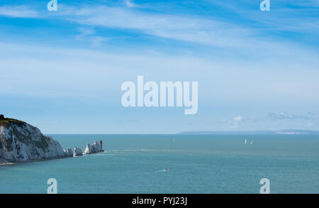View of the Needles and lighthouse on Isle of wight from the beach chairlift Stock Photo