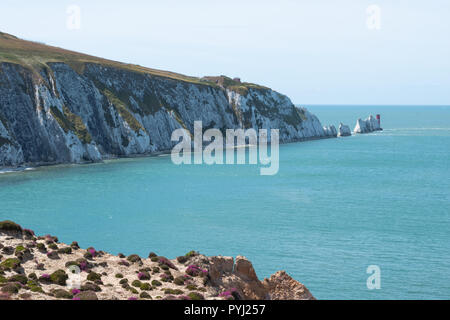 View of the Needles and lighthouse on Isle of wight from the beach chairlift Stock Photo