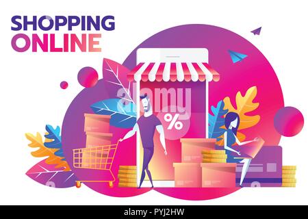 A couple and smartphone with percent discount icon on the screen. Smart retail, retail mobility solutions and smart city concept, violet and red palette. Vector illustration on background. Stock Vector