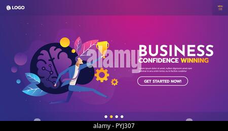 Flat successful Businessman holding winning gold cup in his hand web template and layour vector illustration. Winner, Successful Business concept. Stock Vector