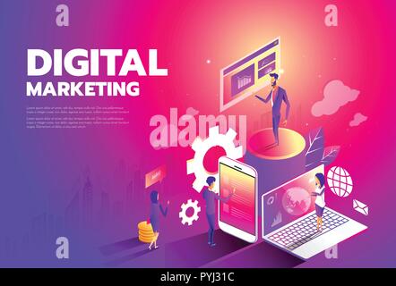 Isometric style design - Content marketing strategy, Digital marketing, Content sharing flat vector banner. Stock Vector