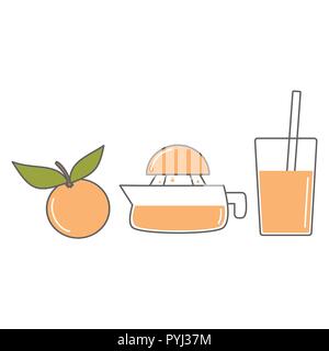 manual juice squeezer and orange vector set illustration isolated on white background Stock Vector