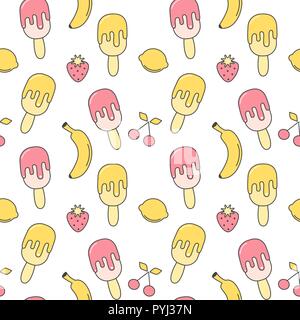 cute summer seamless vector pattern background illustration with ice cream, strawberry, lemon, cherry and banana Stock Vector