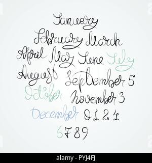 Calendar collection of months and numbers for all year, week, seasons. Ink modern brush calligraphy. Isolated vector on white background. Stock Vector