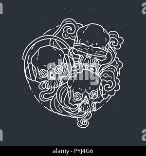 Composition of three skulls. Vector illustration of black and white tattoo graphic human skull. Lined symbol Stock Vector