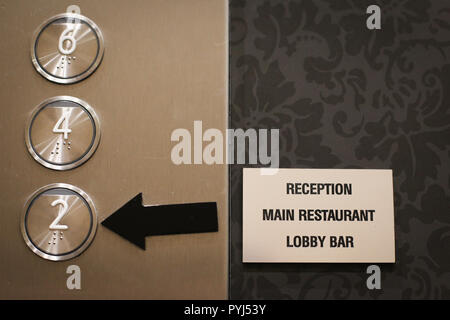 Details with the braille floor buttons on a modern elevator in a luxury hotel Stock Photo