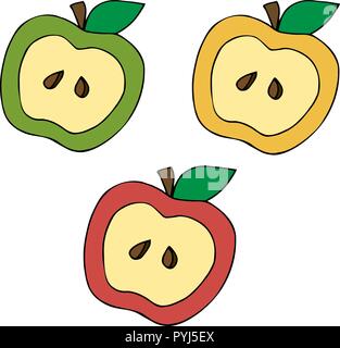 set of multicolored apples slice red green yellow. Simple illustration for children, logo, design Stock Vector