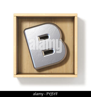 Silver metal letter B in wooden box 3D render illustration isolated on white background Stock Photo