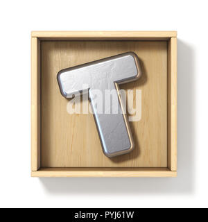 Silver metal letter T in wooden box 3D render illustration isolated on white background Stock Photo