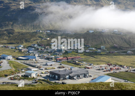 Part of the city of Unalaska, also known as Dutch Harbor, surrounded by mountains and the Bering Sea, Unalaska Island, Aleutian archipelago, Alaska.