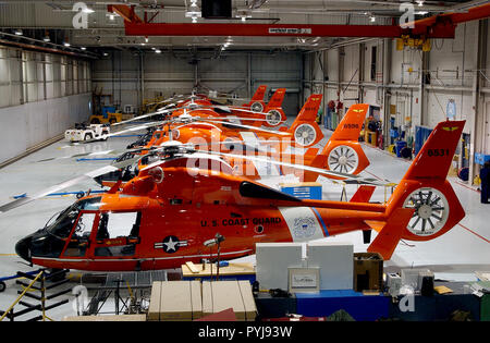 TRAVERSE CITY, Mich. (Jan. 21, 2004) All five Coast Guard Air Station Traverse City HH-65 Dolphin helicopters sit ready in the hanger in Northern Michigan. Stock Photo