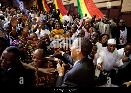 President Barack Obama shakes hands after making speech to Ghanian Parliament at the International Conference Center in Accra, Ghana on July 11, 2009. Stock Photo