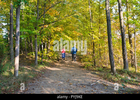 Couple walking through forest path on the Bruce Trail in St. Catharines, Ontario, Canada Stock Photo