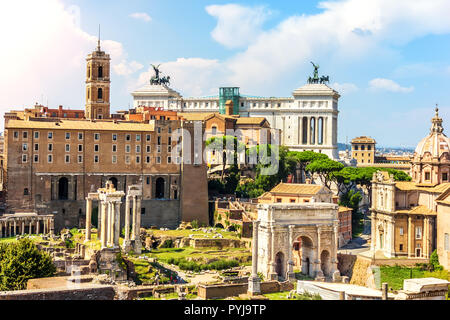 Roman Forum, view on the Tabularium, the Temple of Castor and Pollux, the Arch of Septimius Severus, the Temple of Saturn, the Temple of Vespasian and Titus and Basilica Aemilia Stock Photo