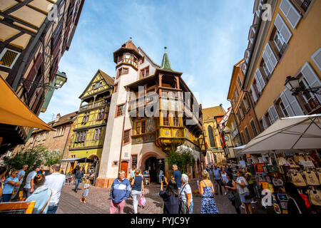 COLMAR, FRANCE - September 10, 2017: Cityscaspe view on the old town with beautiful half-timbered houses and crowded streets in Colmar, famous french town in Alsace region Stock Photo