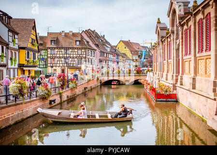 COLMAR, FRANCE - September 10, 2017: Cityscaspe view on the old town with beautiful half-timbered houses and water canal in Colmar, famous french town in Alsace region Stock Photo