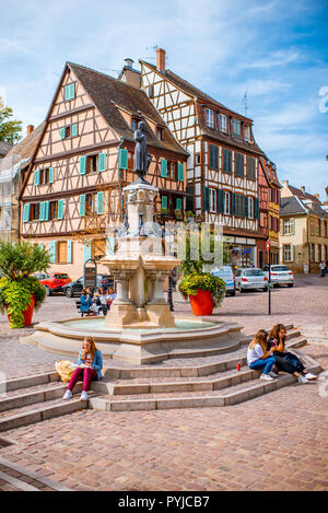 COLMAR, FRANCE - September 10, 2017: Cityscaspe view on the old town with beautiful half-timbered houses in Colmar, famous french town in Alsace region Stock Photo