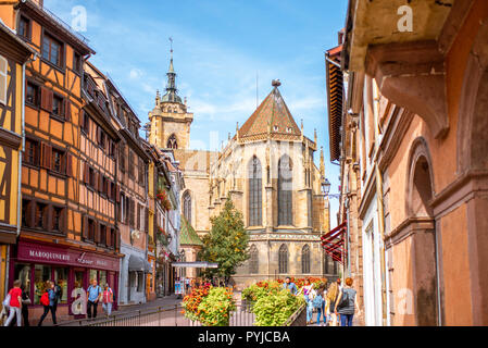 COLMAR, FRANCE - September 10, 2017: Cityscaspe view on the old town with saint Martin cathedral in Colmar, famous french town in Alsace region Stock Photo