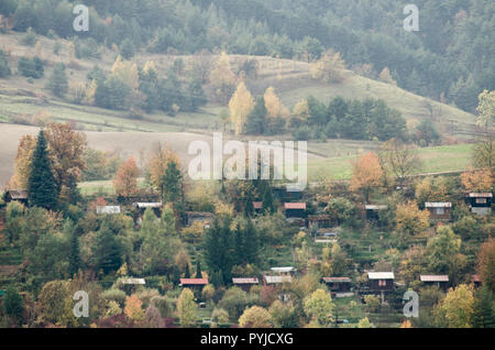 Small cabins in the mountains - autumn forest landscape from Slovakia Stock Photo