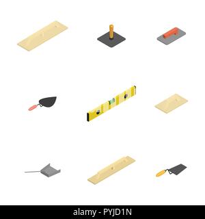 Set icons of plastering tool isolated on white background. Flat 3d isometric style, vector illustration. Stock Vector