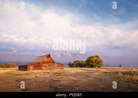The iconic barn built by Thomas Moulton in the early 1900's sits in front of the Grand Tetons at sunrise in Jackson Hole, Wyoming. Stock Photo