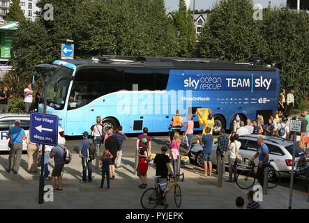 Sky Cycling Team coach leaving the finish line at the 1st stage of the Tour of Britain 2018 in the city of Newport South Wales GB UK 2018 Stock Photo