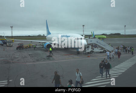 30 July 2018 Novosibirsk Russia. The aircraft Boeing 737 of the Pobeda airline at Tolmachevo airport in Novosibirsk. Stock Photo