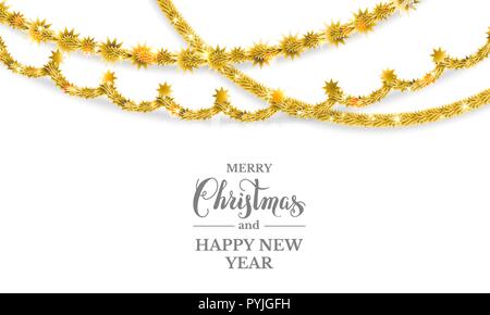 Festive decor garland isolated. Christmas traditional decorations gold tinsel. Stock Vector