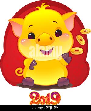 Yellow Earthy Pig with Golden Coins for the New Year 2019. Cute Symbol of Chinese Horoscope. Stock Vector