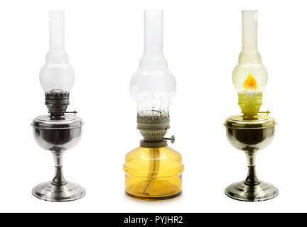 Set old vintage kerosene lamps isolated on white background Stock Photo