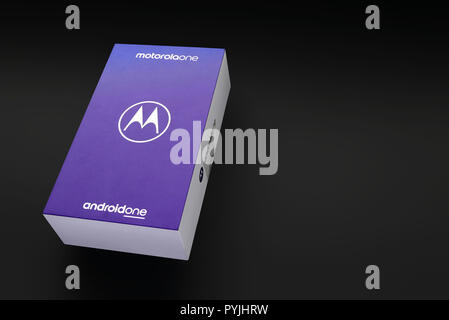 Warsaw, Poland - October 26, 2018: Motorola ONE, unboxing of new model of Motorola smarphone operating on Android ONE system Stock Photo