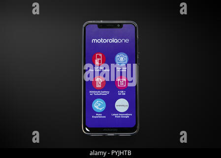 Warsaw, Poland - October 26, 2018: Motorola ONE, unboxing of new model of Motorola smarphone operating on Android ONE system Stock Photo