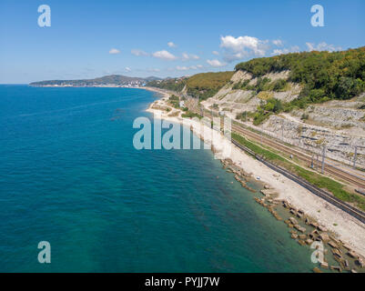 RUSSIA, KRASNODAR KRAI, GIZELE-DERE VILLAGE,  August 14, 2018: View of the railway that runs along the Black Sea coast from the village of Gizel-Dere Stock Photo