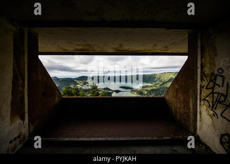 View of abandoned hotel on Sao Miguel Island on Azores