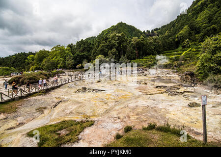 AZORES - Juny, 2018: Geothermal cooking in Fumarolas da Lagoa das Furnas on Sao Miguel island, Azores. Stock Photo