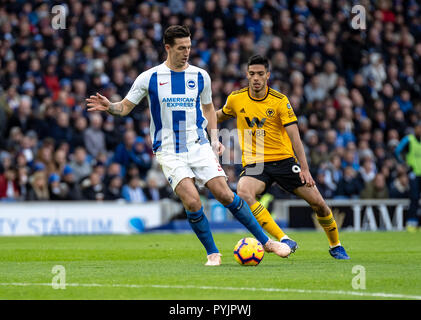 Brighton, UK. 27th Oct 2018. Lewis Dunk of Brighton and Hove Albion during the Premier League match between Brighton and Hove Albion and Wolverhampton Wanderers at the AMEX Stadium, Brighton, England on 27 October 2018. Photo by Liam McAvoy. Credit: UK Sports Pics Ltd/Alamy Live News