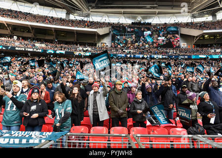 London, UK. 28 October 2018. Eagles fans. Philadelphia Eagles at  Jacksonville Jaguars NFL game at Wembley