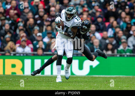 Jacksonville Jaguars CB Jalen Ramsey celebrates an interception in the NFL  International Series game against the Baltimore Ravens at Wembley Stadium,  London on September 24, 2017. Jacksonville beat Baltimore 44 - 7.