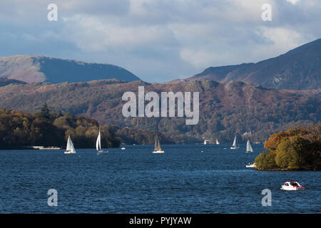 Lake Windermere, UK. 28 October 2018.  Clear sunny day  chilling north wind ideal for sailing .View from Bowness Bay looking up north of the lake with the fells in the background .Credit:Gordon Shoosmith/Alamy Live News Stock Photo