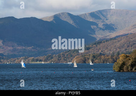 Lake Windermer, UK. 28 October 2018.  Clear sunny day  chilling north wind ideal for sailing .View from Bowness Bay looking up north of the lake with the fells in the background .Credit:Gordon Shoosmith/Alamy Live News Stock Photo