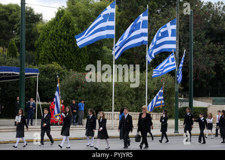 Athens, Greece. 28th October 2018.. Greek students march to celebrate the 'Ohi Day' (No Day) in central Athens, Greece, on Oct. 28, 2018, The national 'Ohi' holiday commemorates Oct. 28, 1940, when the then Greek government rejected Italy's ultimatum to allow Italian forces to invade Greece. Credit: Marios Lolos/Xinhua/Alamy Live News Stock Photo