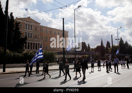 Athens, Greece. 28th October 2018. . Greek students march to celebrate the 'Ohi Day' (No Day) in central Athens, Greece, on Oct. 28, 2018, The national 'Ohi' holiday commemorates Oct. 28, 1940, when the then Greek government rejected Italy's ultimatum to allow Italian forces to invade Greece. Credit: Marios Lolos/Xinhua/Alamy Live News Stock Photo
