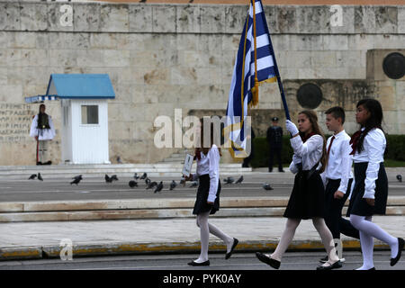 Athens, Greece. 28th October 2018. . Greek students march to celebrate the 'Ohi Day' (No Day) in central Athens, Greece, on Oct. 28, 2018, The national 'Ohi' holiday commemorates Oct. 28, 1940, when the then Greek government rejected Italy's ultimatum to allow Italian forces to invade Greece. Credit: Marios Lolos/Xinhua/Alamy Live News Stock Photo
