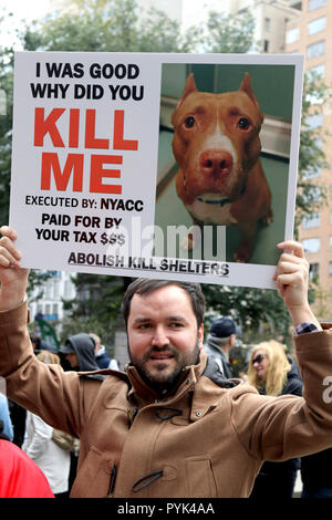 New York City, New York, USA. 28th Oct, 2018. Animals rights organization Coalition of Animals Rights Activists (CARA) rallied at Columbus Circle in New York City on 28 October 2018, protesting the treatment of rescued, abandoned and surrendered animals at public funded centers, where they claimed most animals are killed. Credit: G. Ronald Lopez/ZUMA Wire/Alamy Live News Stock Photo